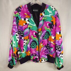 Womens Vintage 80s Caribe Silk Bomber Jacket Pink Green Abstract Geometric M/L